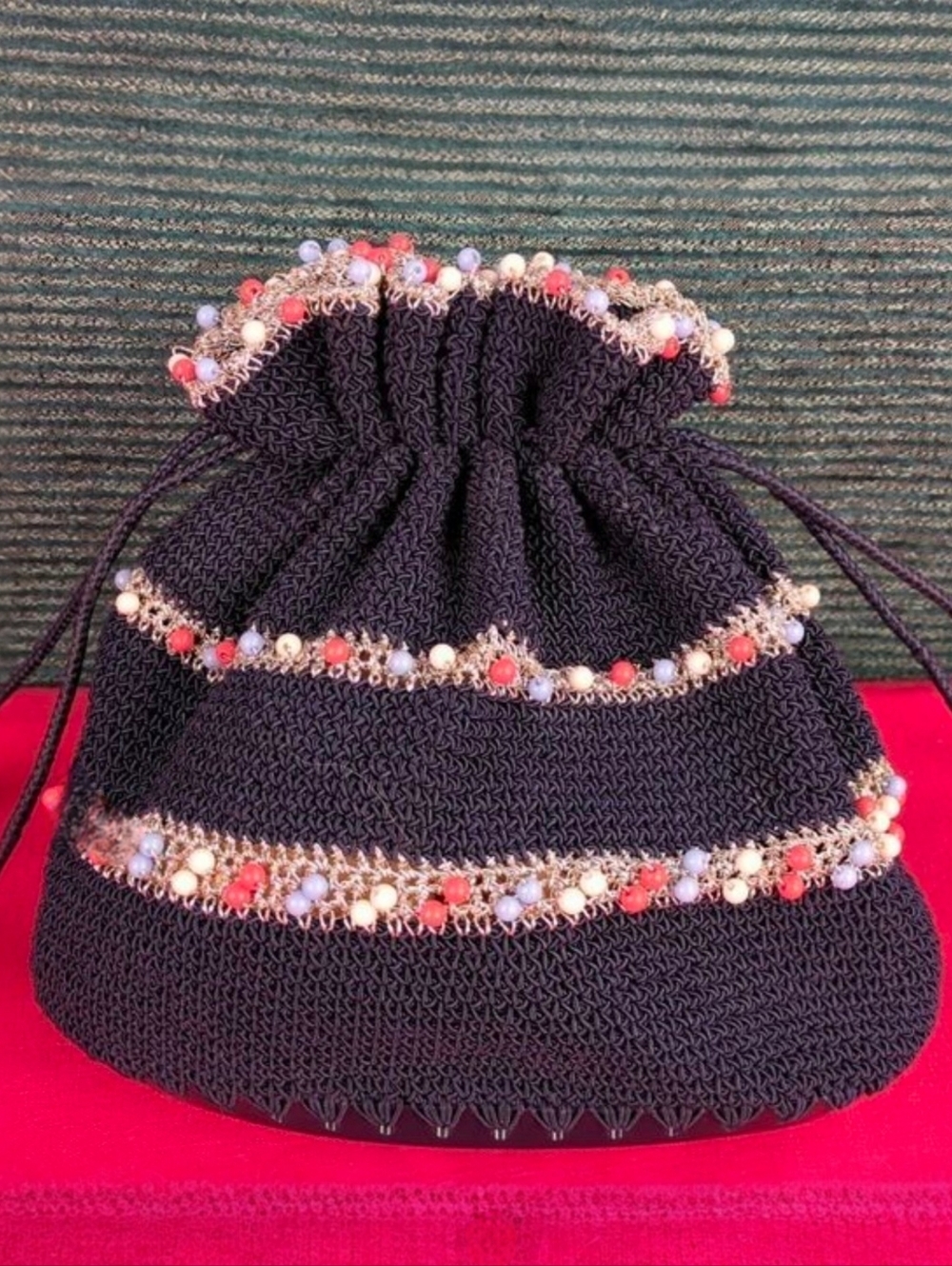 Vintage 40s or 50s Beaded, Crocheted  Handbag, With Authentic Era Accessories